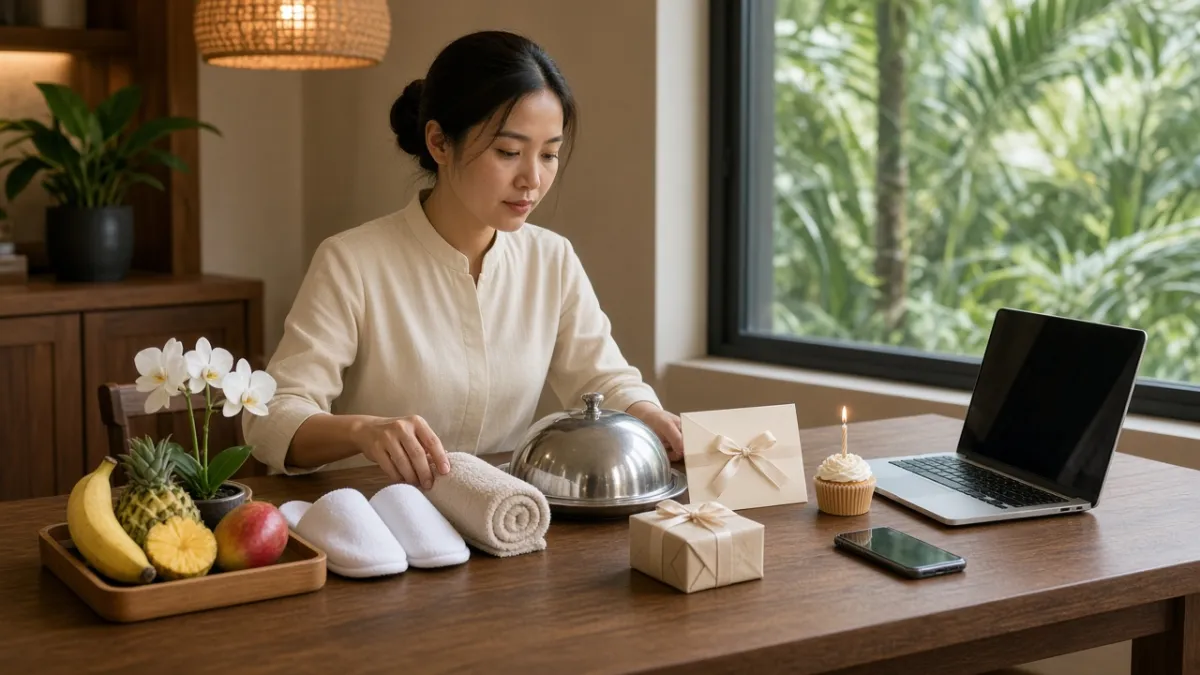 Nhân viên khách sạn sắp xếp quà chào mừng, spa, ẩm thực và bánh sinh nhật trên bàn, minh họa email tự động.