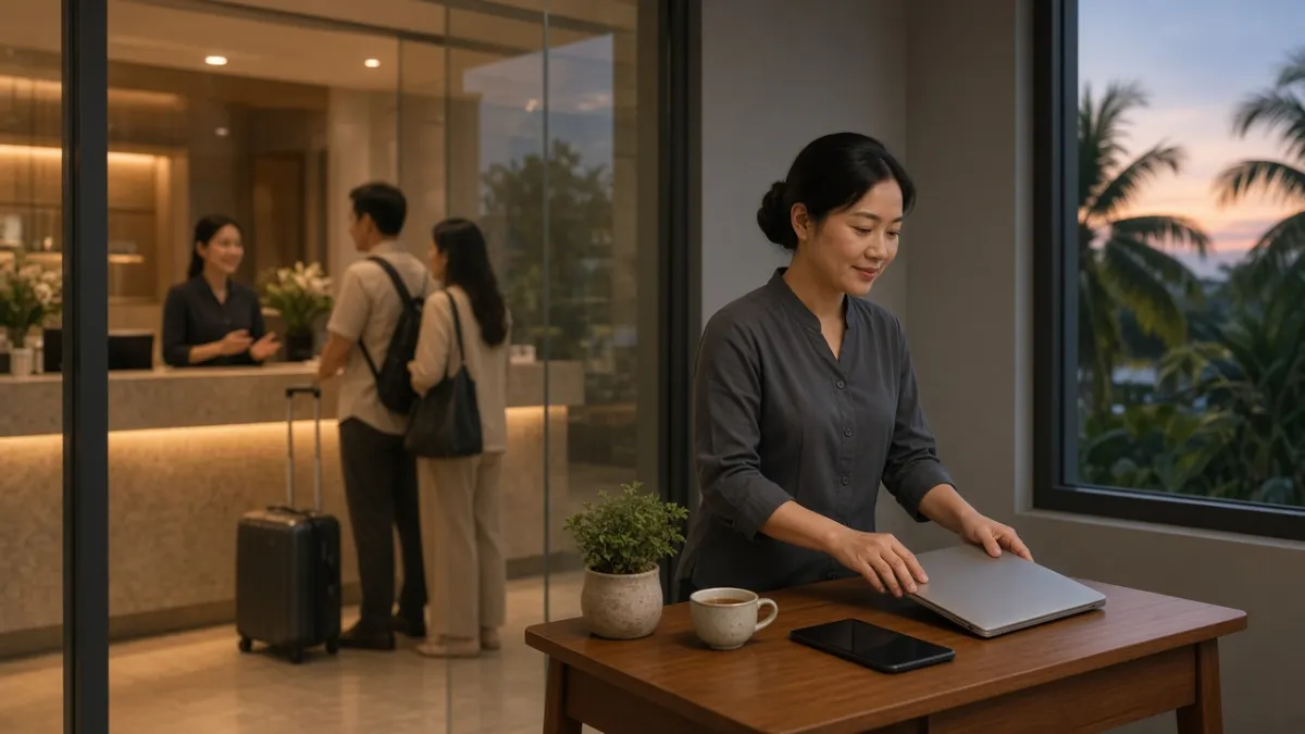 Nhân viên marketing khách sạn kết thúc ca, hệ thống tự động vẫn chăm sóc khách ở sảnh phía sau.