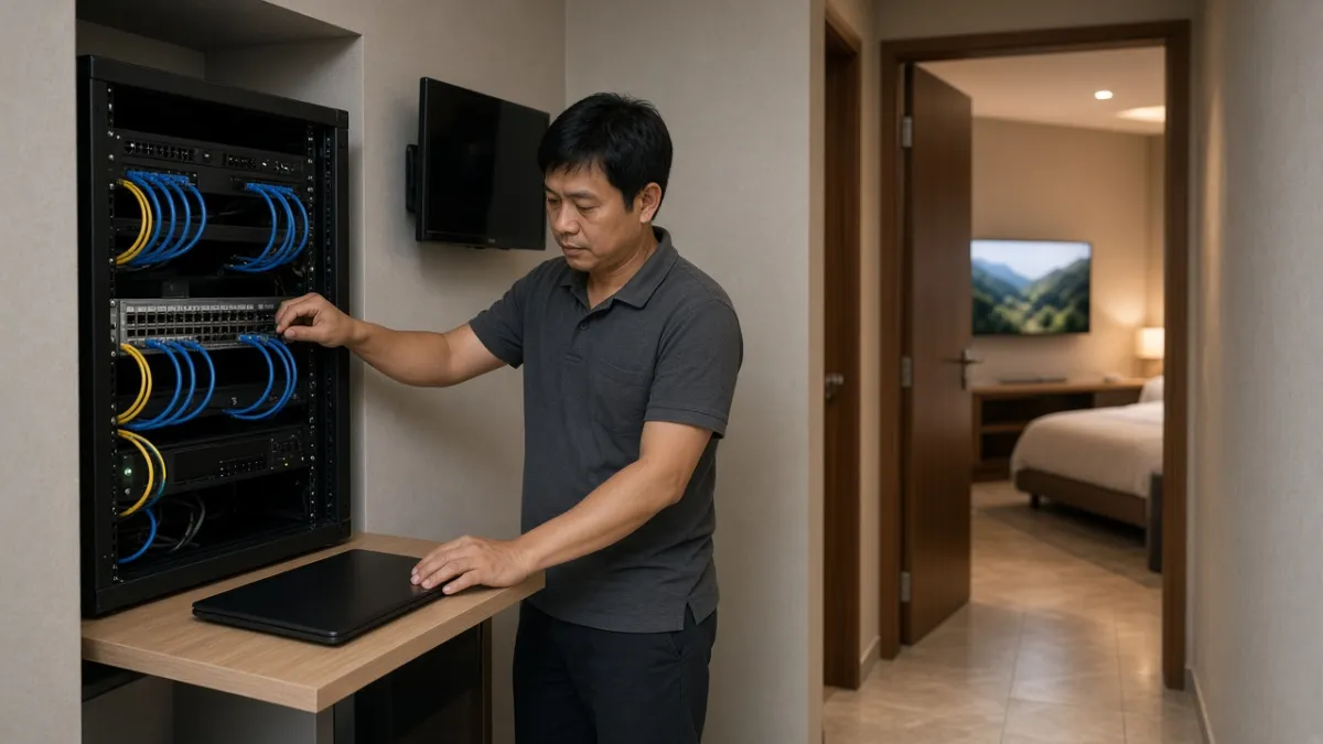 Nhân viên kỹ thuật tại phòng thiết bị IPTV khách sạn, kết nối hệ thống dữ liệu với TV trong phòng khách.