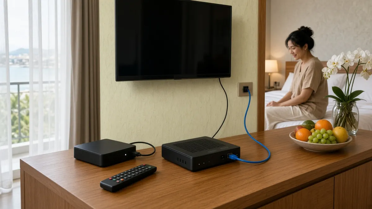Trên kệ TV phòng khách sạn, đầu thu thông thường đặt cạnh thiết bị middleware có cáp mạng nối tường.