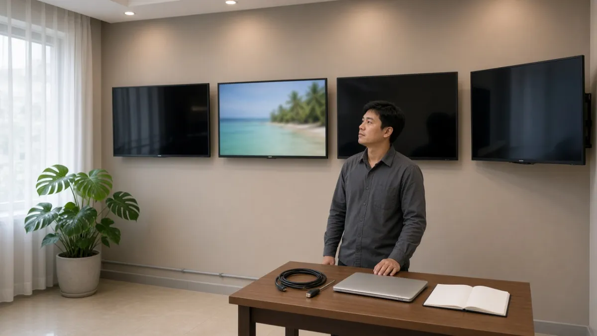 Kỹ thuật viên khách sạn kiểm tra dãy TV Hospitality treo tường trước khi triển khai nền tảng middleware IPTV.