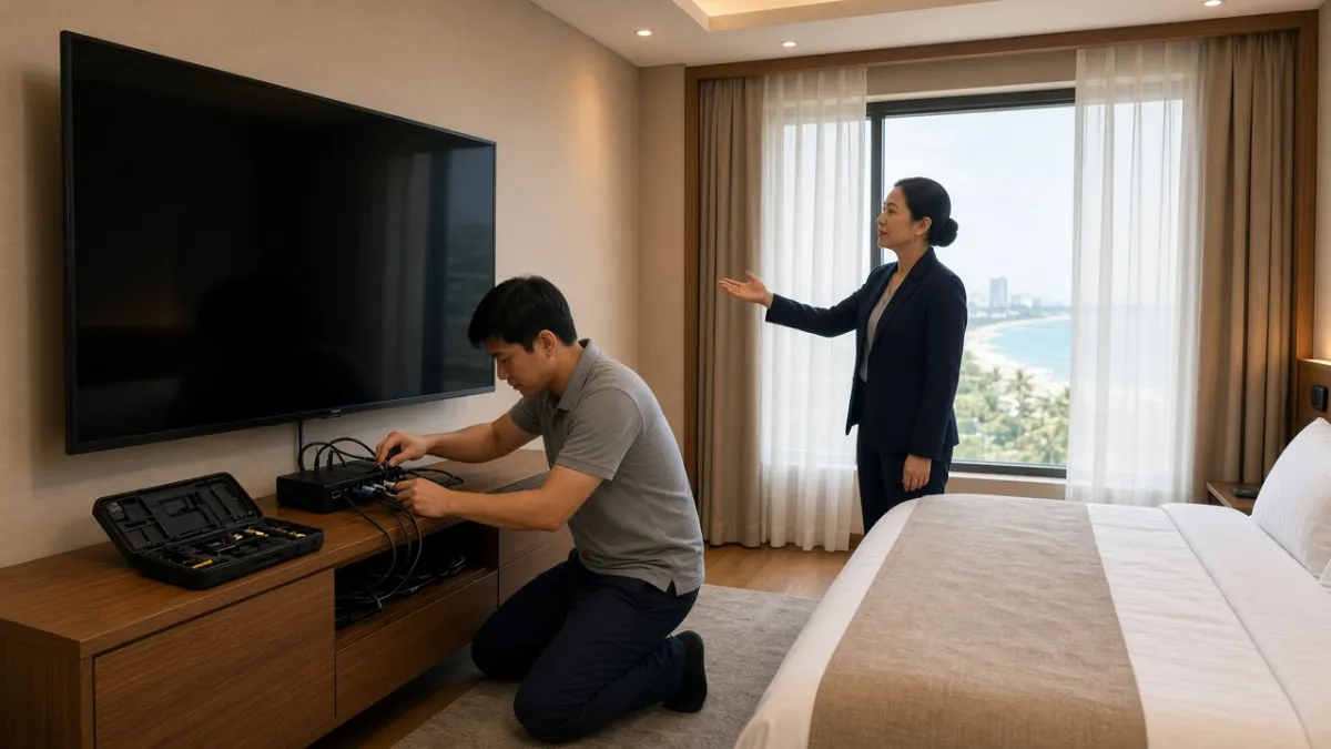 Kỹ thuật viên lắp đặt hộp IPTV và cáp kết nối TV phòng khách sạn, quản lý trao đổi nhu cầu vận hành.