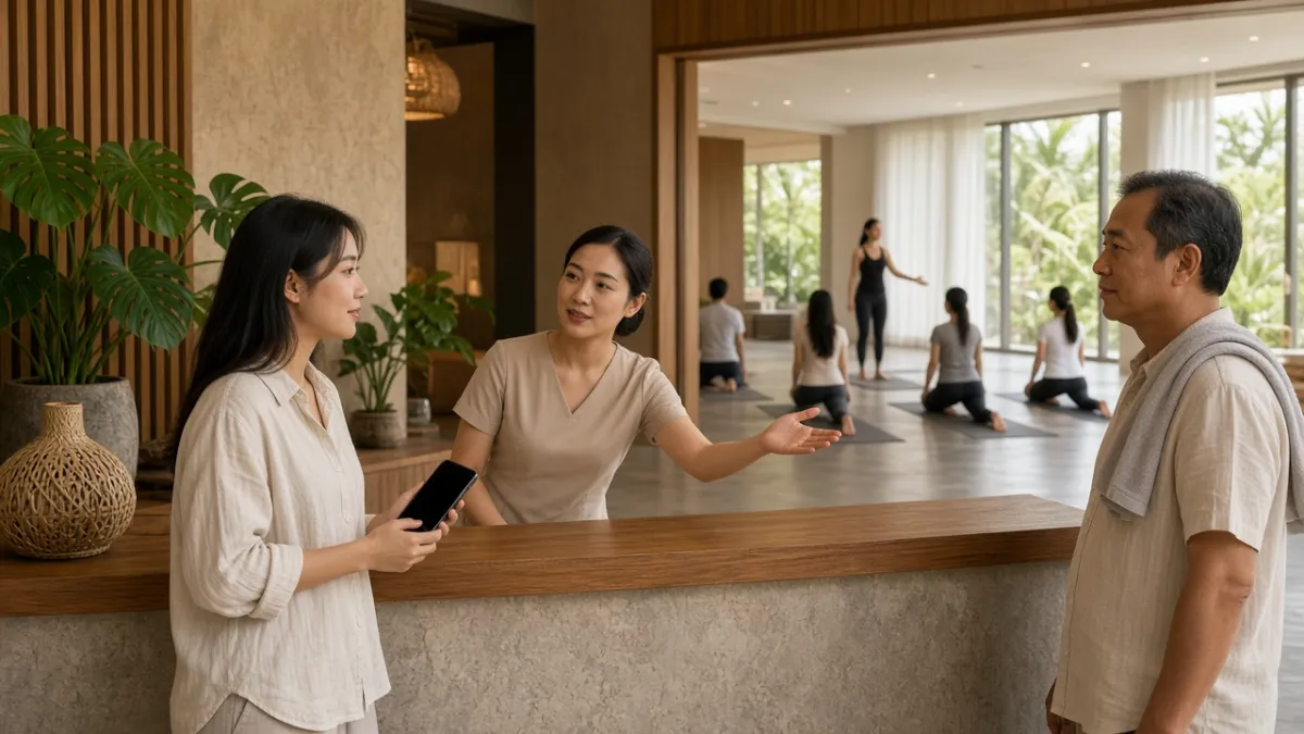 Khách đặt lịch yoga trên điện thoại tại quầy lễ tân resort, phía sau là lớp học đang diễn ra.