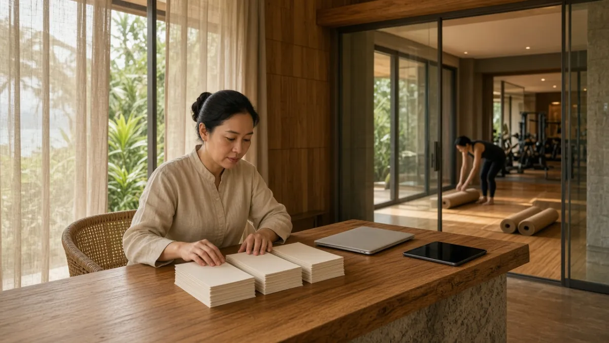 Nhân viên resort Phú Quốc sắp xếp ba mức gói dịch vụ wellness tại quầy lễ tân, phía sau là phòng yoga.