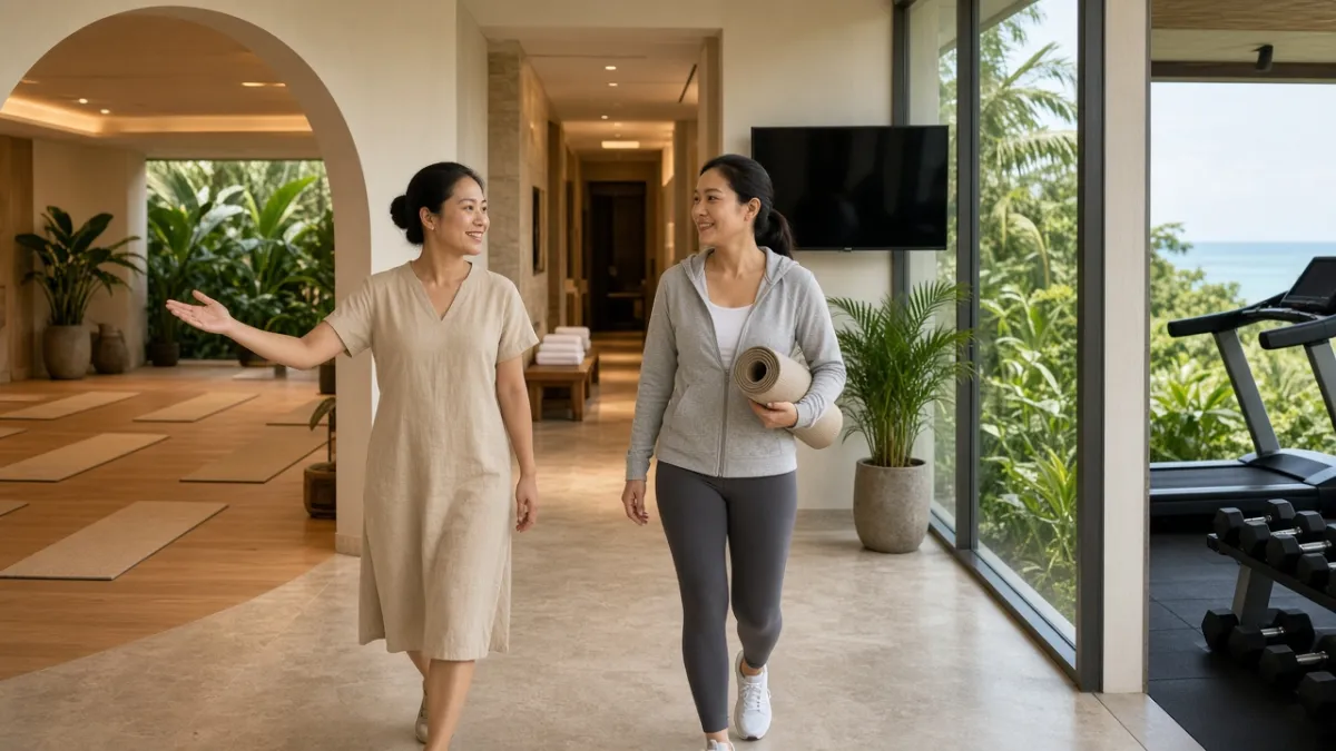 Nhân viên wellness hướng khách tại khu spa–gym–yoga trong resort Việt Nam, thể hiện trải nghiệm wellness hospitality.