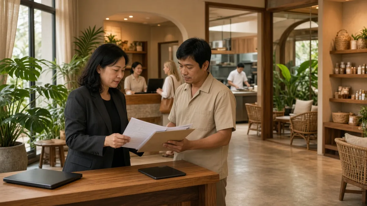 Quản lý và nhân viên bàn hồ sơ tại quầy khách sạn, nền lễ tân, nhà bếp và cửa hàng bán lẻ trong mô hình DN vừa nhỏ.