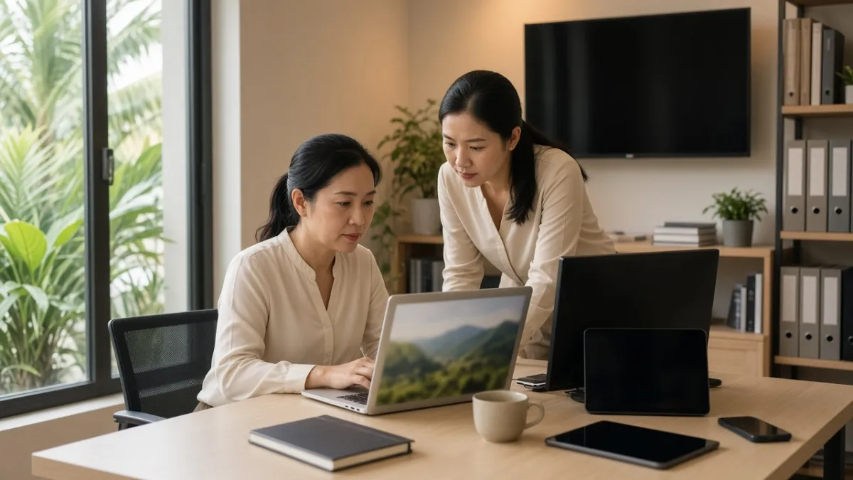 Nhân viên kế toán khách sạn tại Đà Nẵng hướng dẫn đồng nghiệp sử dụng máy tính trong văn phòng hậu cần hiện đại.