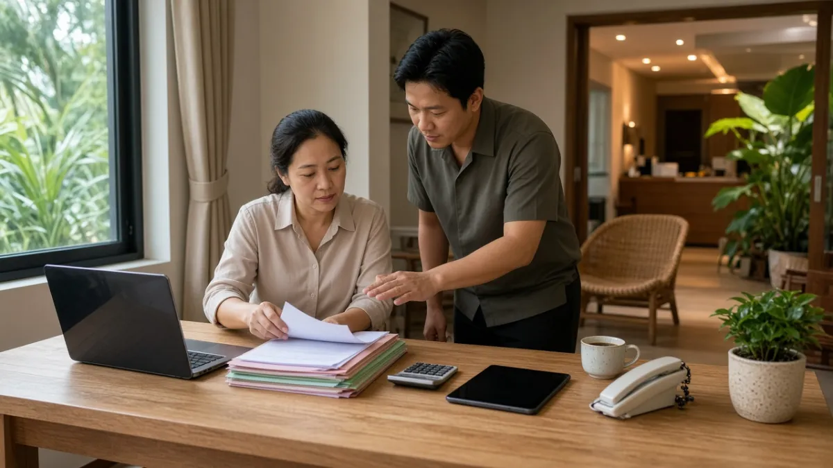 Kế toán và nhân viên khách sạn trao đổi hồ sơ tại phòng hành chính, minh họa quy trình kế toán liên kết.