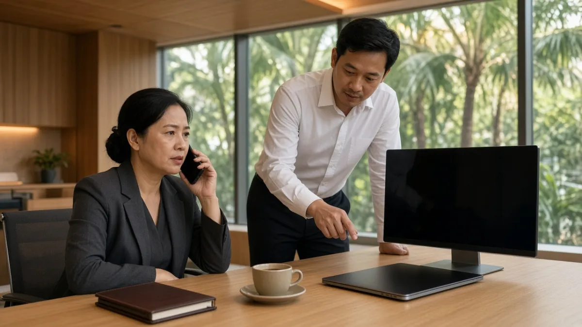 Quản lý khách sạn gọi hotline tư vấn, chuyên viên hỗ trợ triển khai phần mềm kế toán MISA SME trong văn phòng.