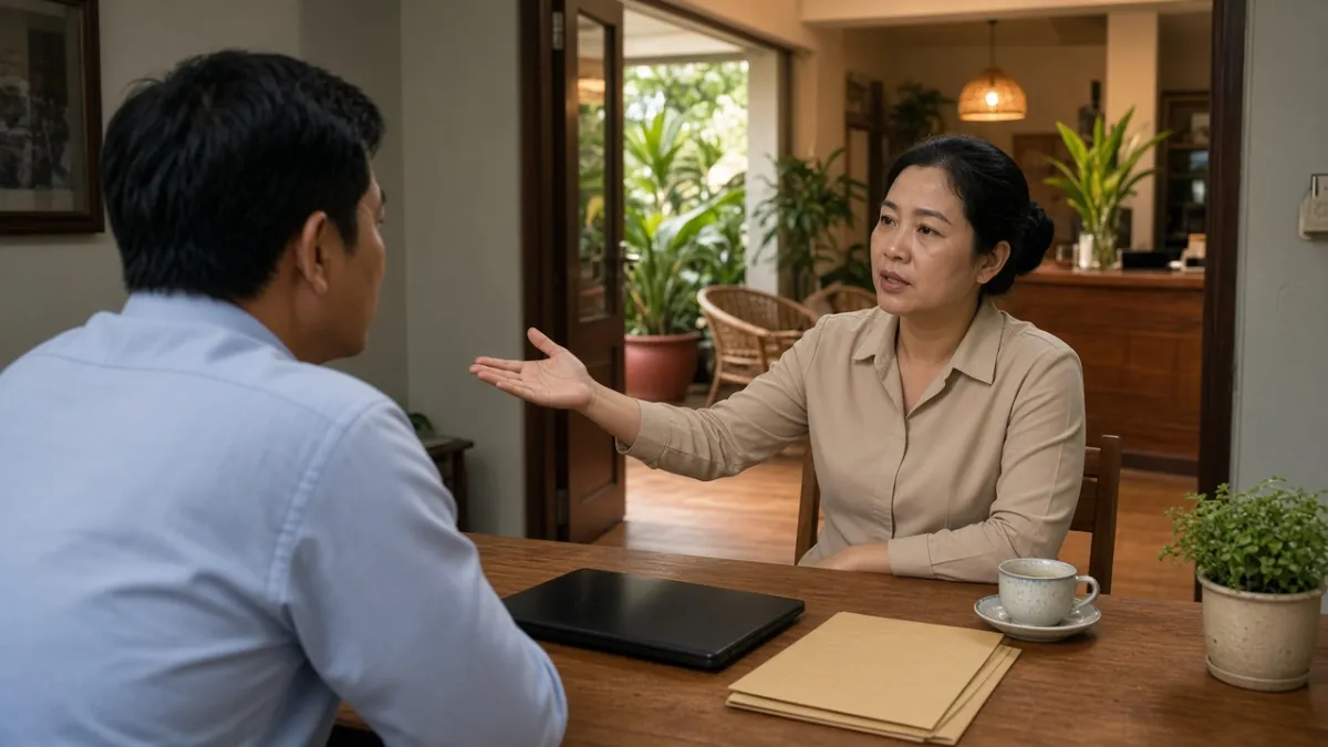 Nhà đầu tư trao đổi với quản lý trong văn phòng khách sạn độc lập, cân nhắc mô hình kinh doanh.