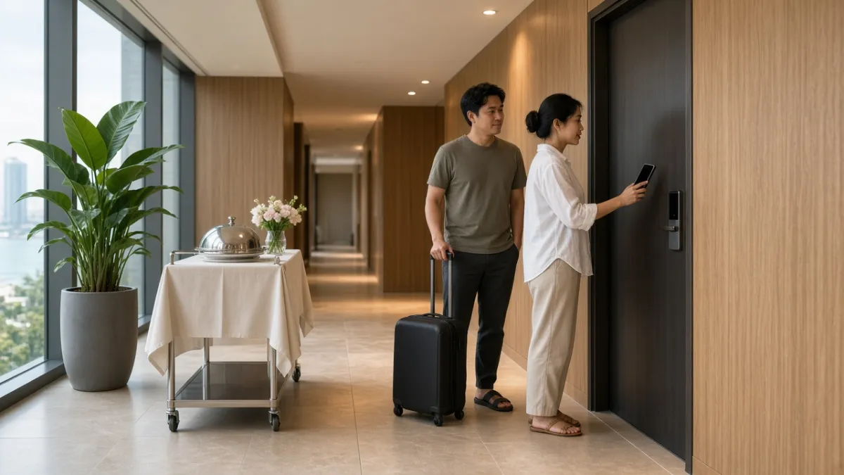 Khách sạn hiện đại: khách mở cửa phòng bằng chìa khóa di động, xe phục vụ phòng chờ tại hành lang.