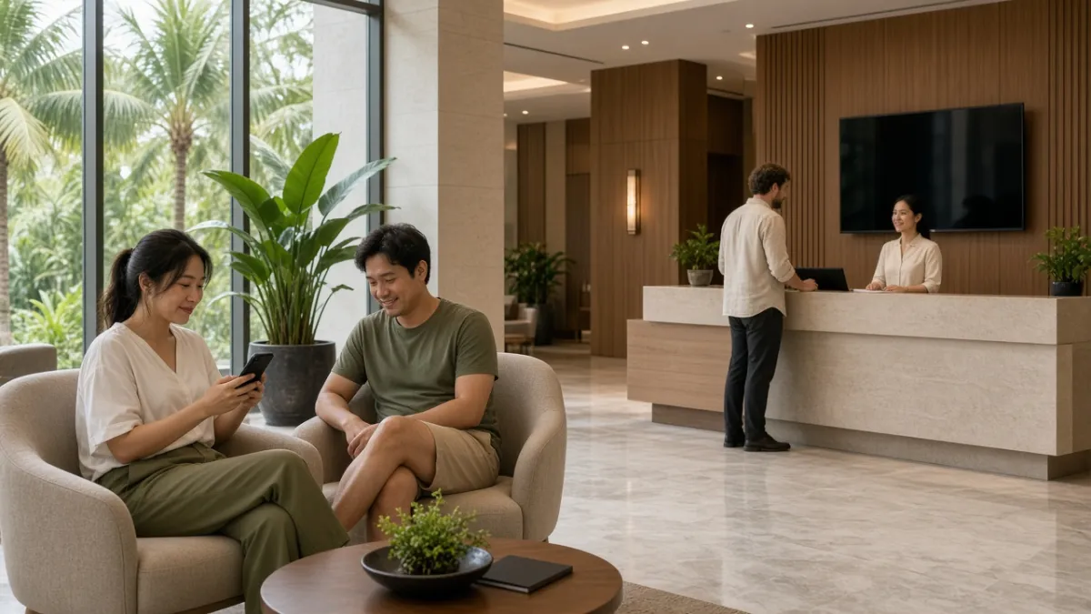 Đôi khách Việt thư giãn với điện thoại tại sảnh khách sạn Đà Nẵng hiện đại, bên cạnh quầy lễ tân tinh gọn.