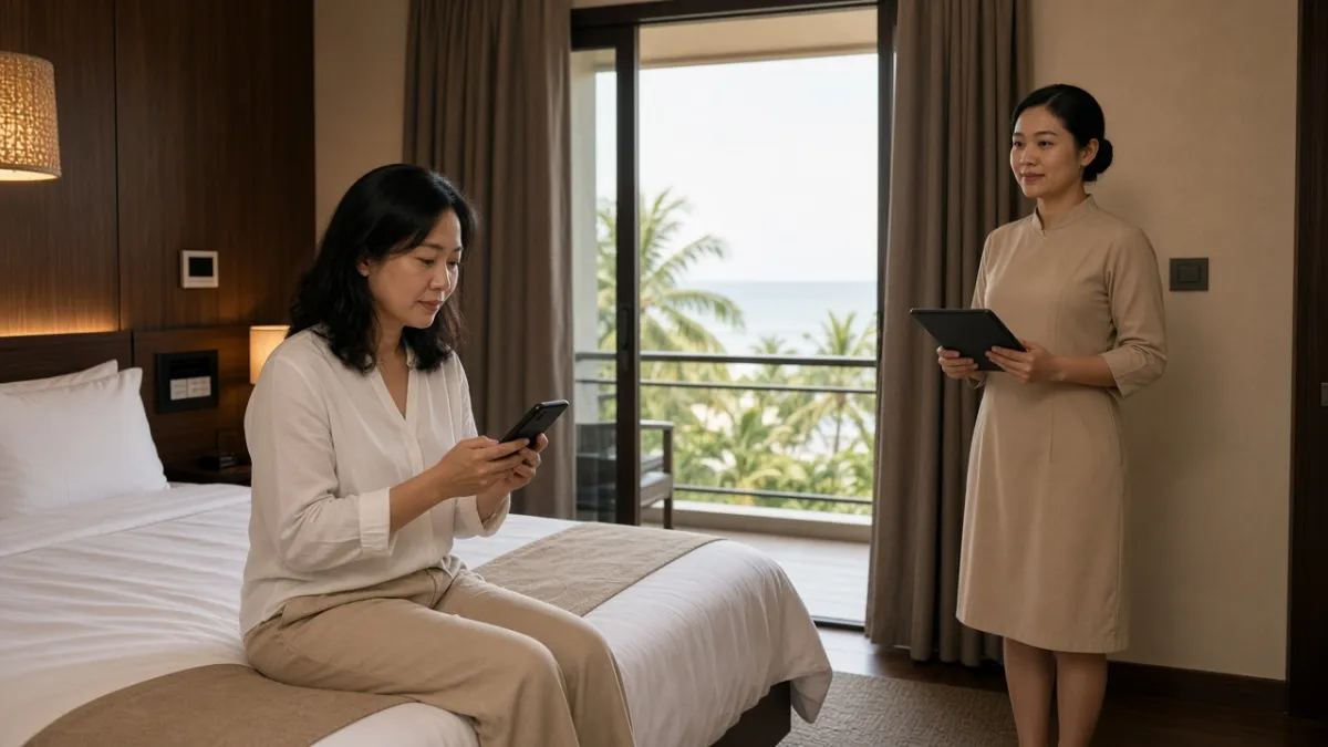 Khách dùng điện thoại trong phòng resort Việt Nam, nhân viên sẵn sàng phản hồi yêu cầu qua máy tính bảng.
