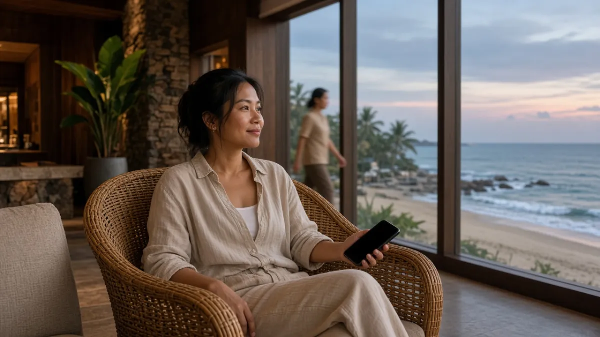 Khách nữ Việt Nam thư giãn trong sảnh resort ven biển Đà Nẵng, cầm điện thoại, tạo ấn tượng lưu trú tích cực.
