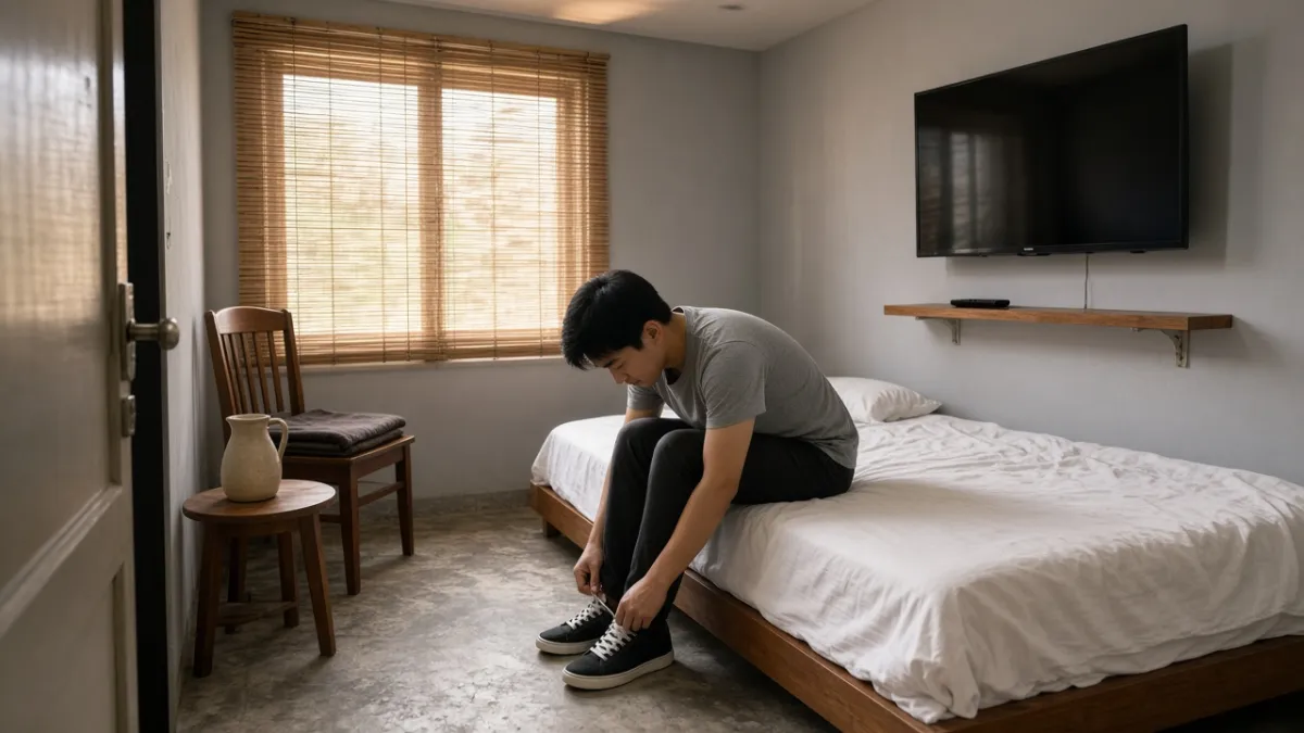 Phòng homestay gọn với tivi mỏng treo tường tắt màn hình, ánh sáng cửa sổ tự nhiên, khách đang chuẩn bị ra ngoài.