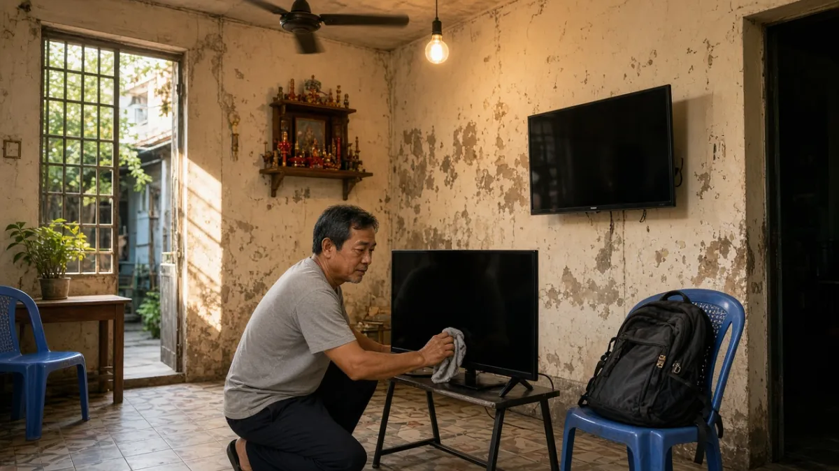 Chủ nhà trọ lau vệ sinh tivi cũ trong phòng chung nhỏ, phù hợp nhu cầu gia đình và lưu trú giá rẻ.