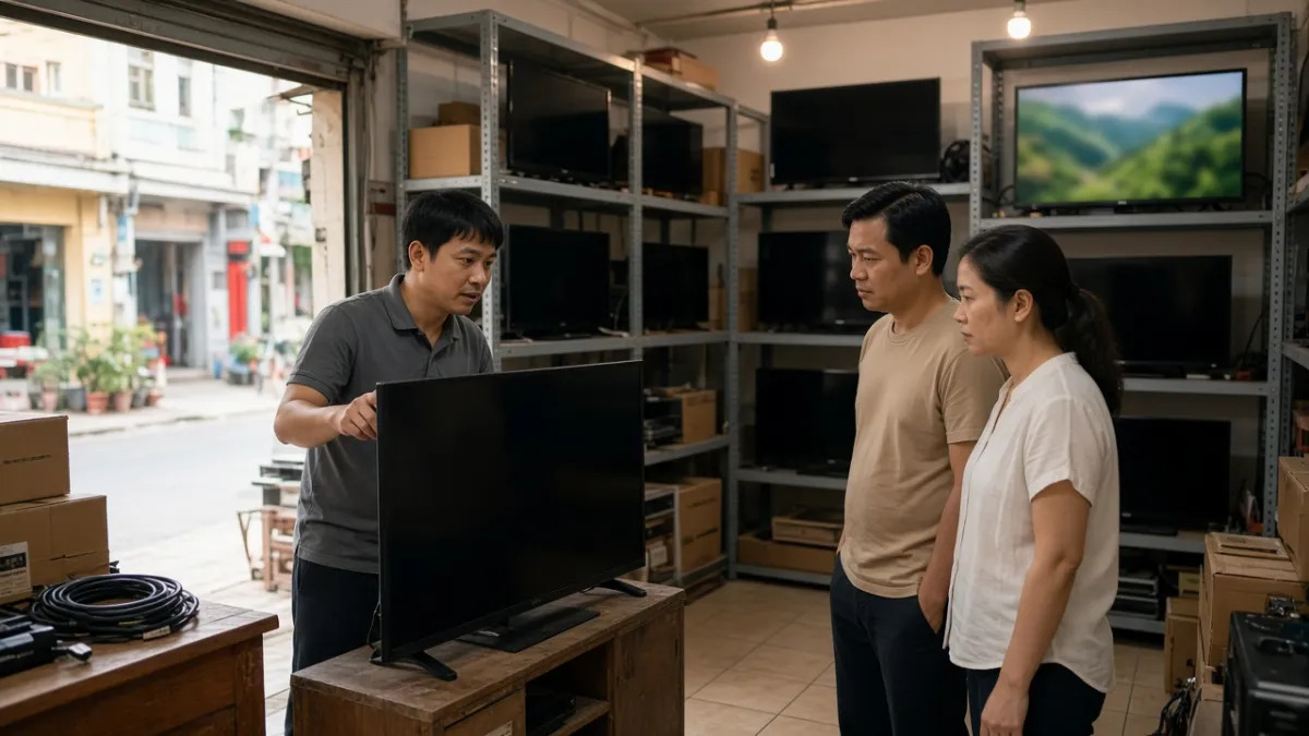 Nhân viên cửa hàng hướng dẫn khách kiểm tra tivi cũ tại quầy, kệ xếp nhiều màn hình phẳng trong không gian bán lẻ.