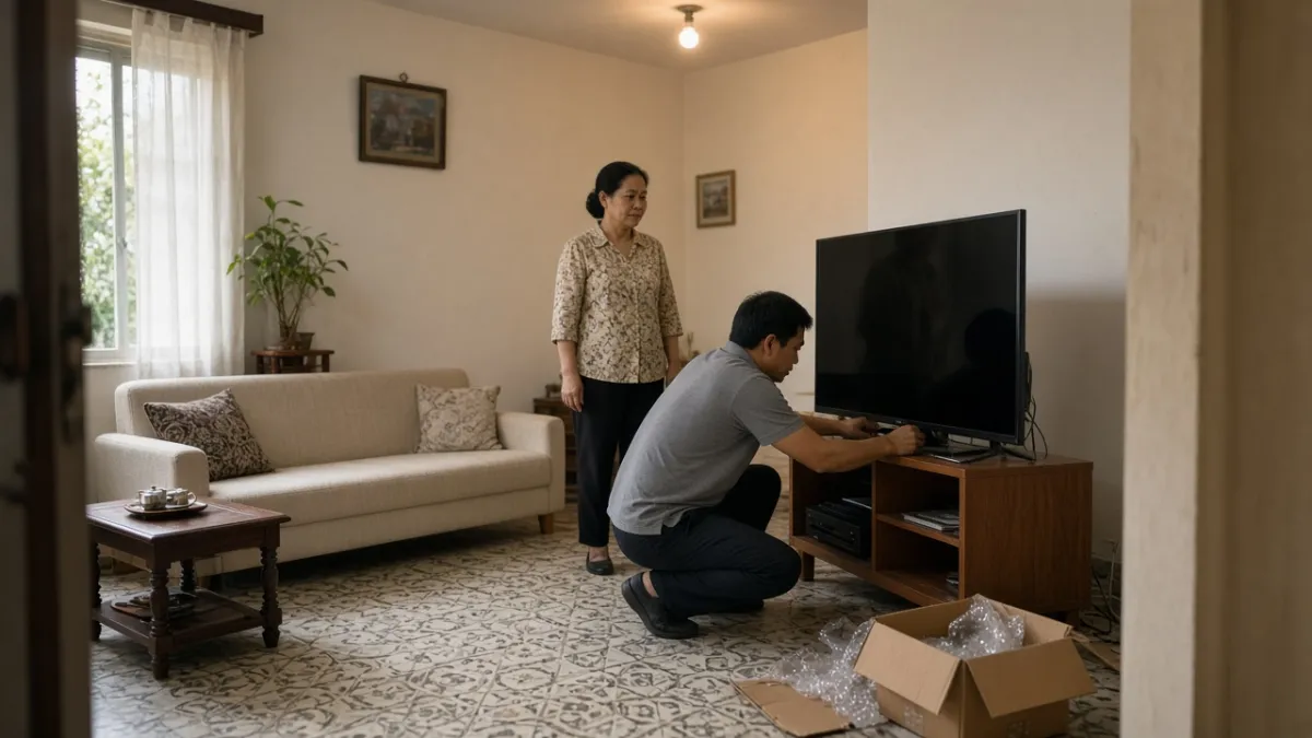 Thợ tới nhà lắp tivi cũ và kiểm tra máy, gia chủ quan sát trong phòng khách có hộp đóng gói.
