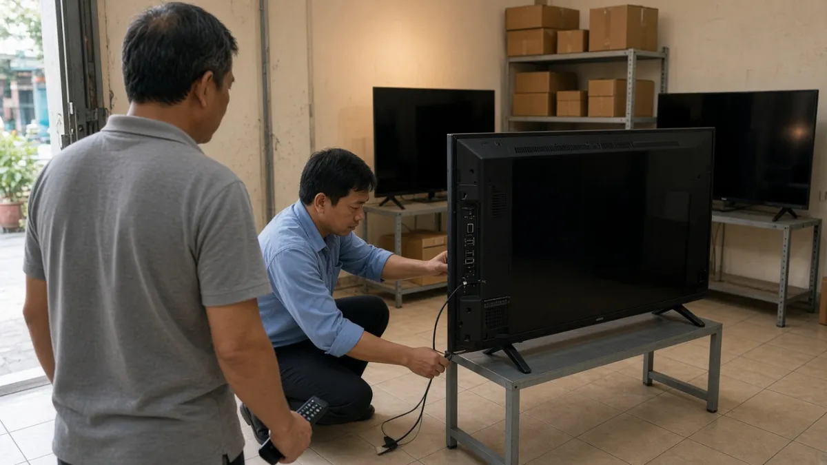 Kỹ thuật viên kiểm tra cổng HDMI và USB trên tivi cũ, khách hàng quan sát và cầm remote thử.