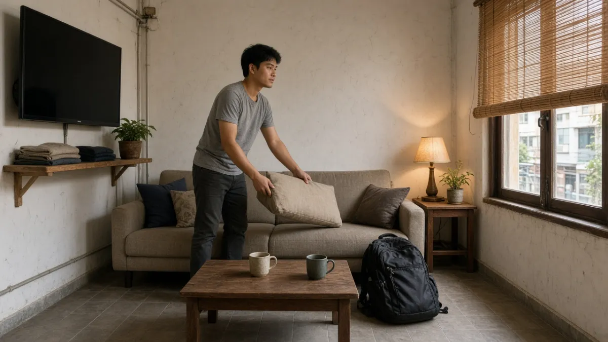 Phòng chung homestay nhỏ với tivi treo tường tắt, thanh niên sắp xếp ghế sofa trong ánh sáng ấm.