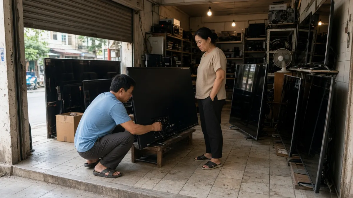 Khách xem và kiểm tra mặt sau tivi màn hình phẳng cũ trong cửa hàng điện tử thanh lý đông người mua.