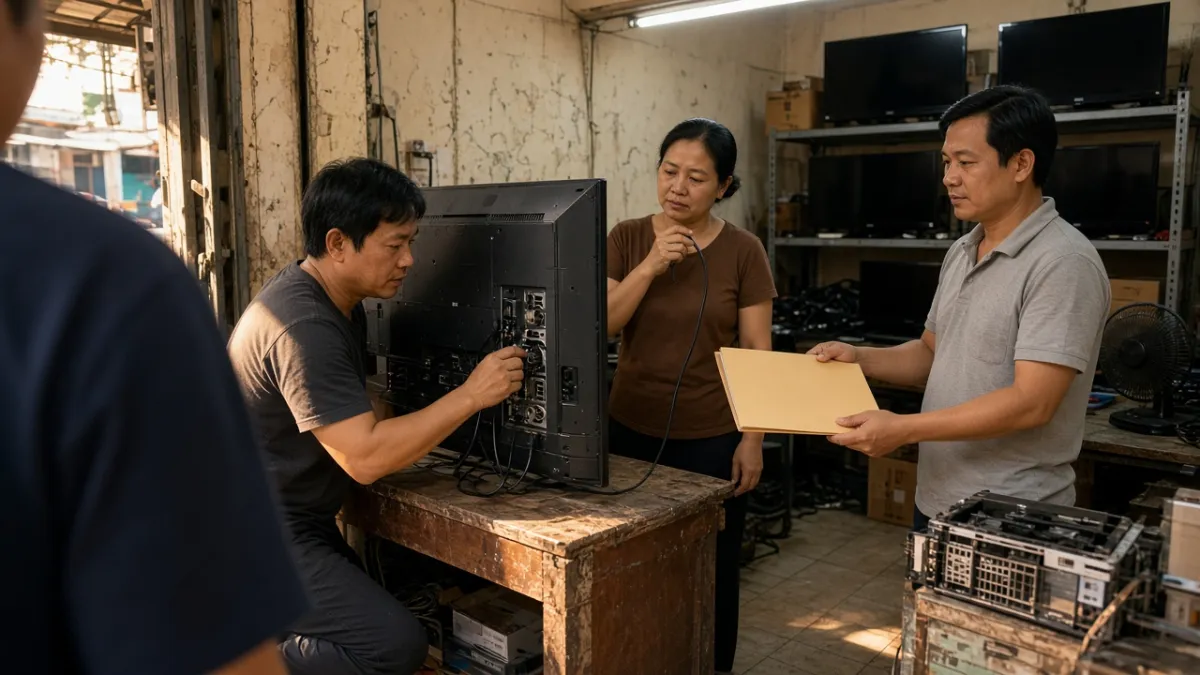 Người mua kiểm tra cổng kết nối TV cũ, nhân viên giao bìa giấy bảo hành trước khi nhận máy.