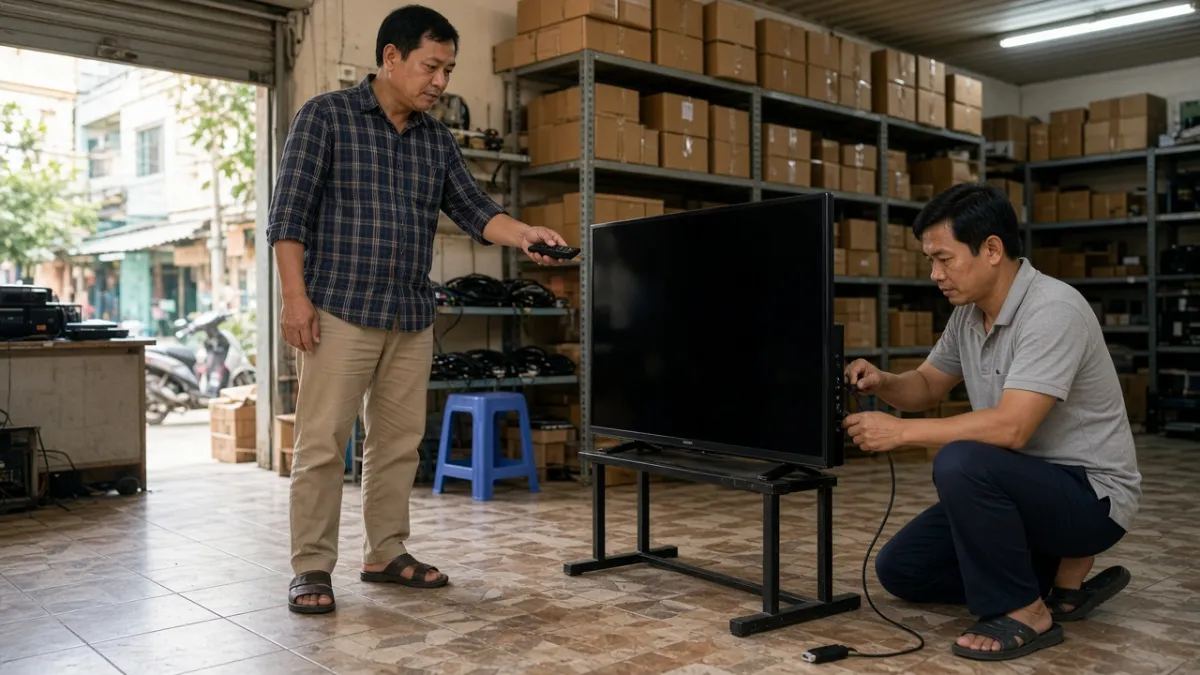Khách hàng và kỹ thuật viên thử remote, cắm thử cổng HDMI trên tivi cũ tại cửa hàng trước khi mua.