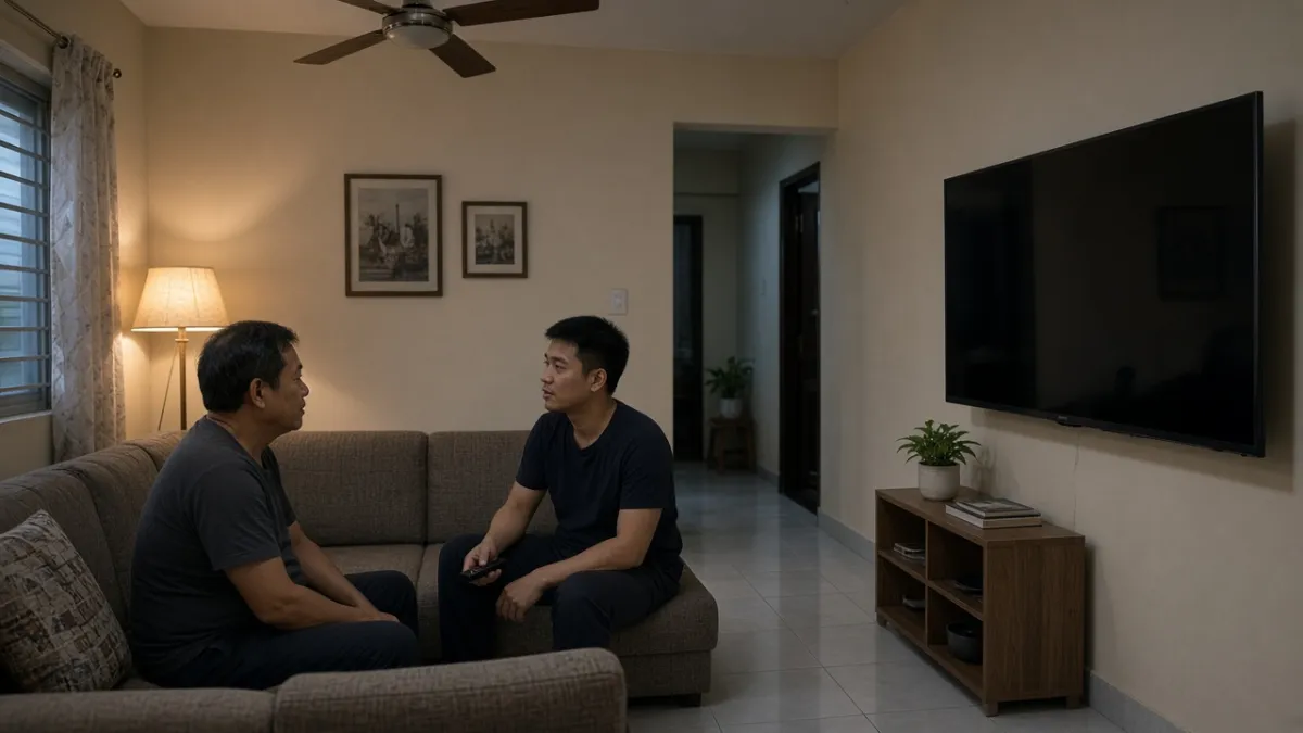 Cha và con thư giãn trên sofa, hướng về tivi treo tường trong phòng khách—góc nhìn xem phim, thể thao tại nhà.