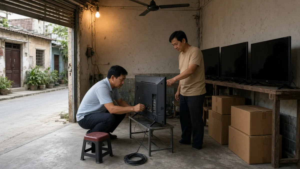 Khách kiểm tra cổng kết nối tivi tại cửa hàng điện tử cũ, nhân viên hỗ trợ test máy trước khi mua bán.