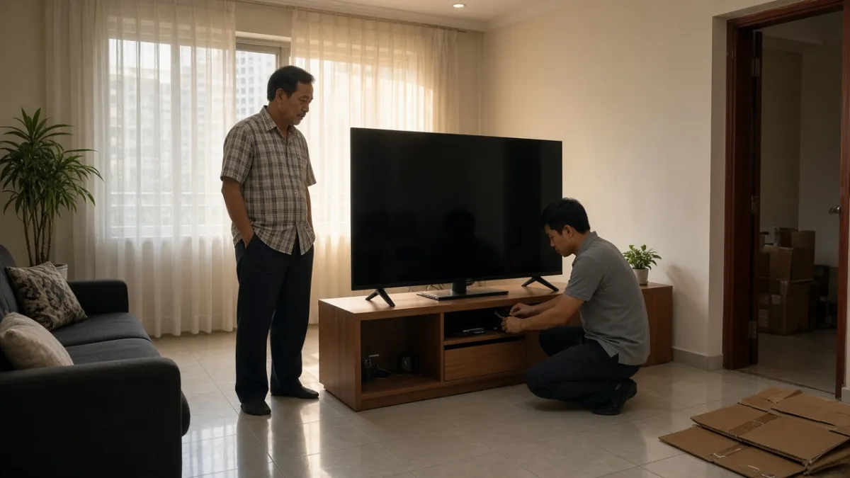 Kỹ thuật viên lắp tivi tại phòng khách, chủ nhà theo dõi sau khi nhận máy giao tận nhà.