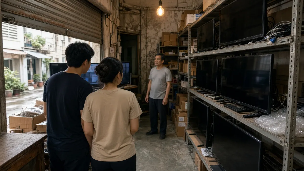Cặp khách trẻ xem tivi màn mỏng đã qua sử dụng tại cửa hàng điện tử cũ, thể hiện nhu cầu mua tivi giá rẻ.