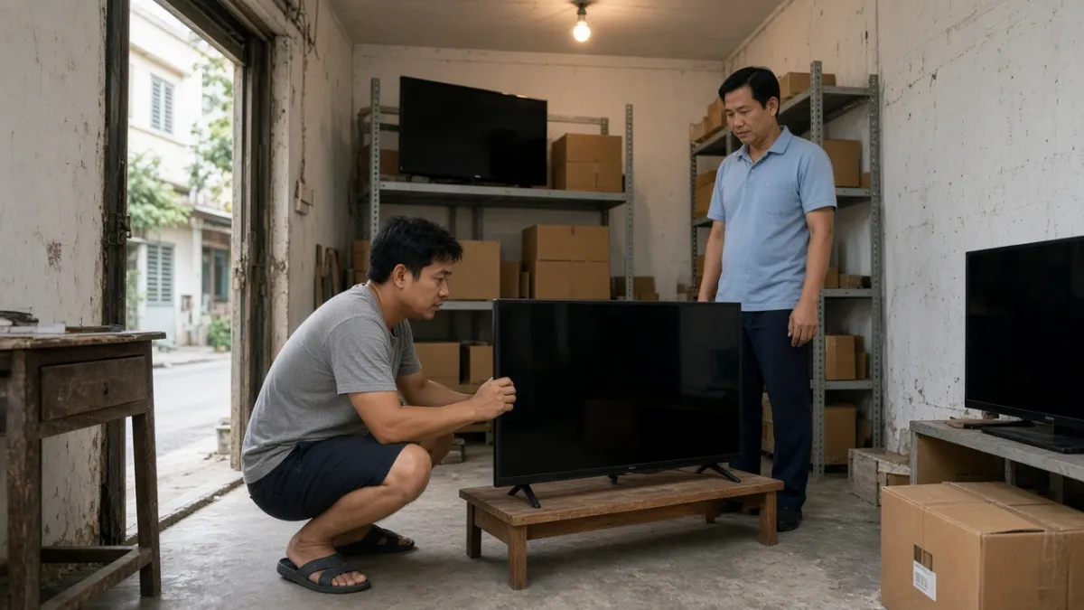Khách xem và kiểm tra tivi cũ tại cửa hàng điện tử, nhân viên hỗ trợ tư vấn mua bán tận tình.