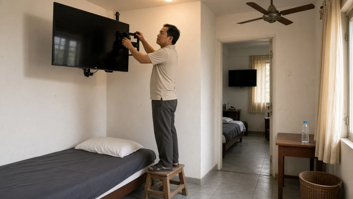 Chủ homestay chỉnh tivi treo tường trong phòng ngủ gọn gàng, hành lang mở ra phòng lân cận cùng kiểu trang bị.