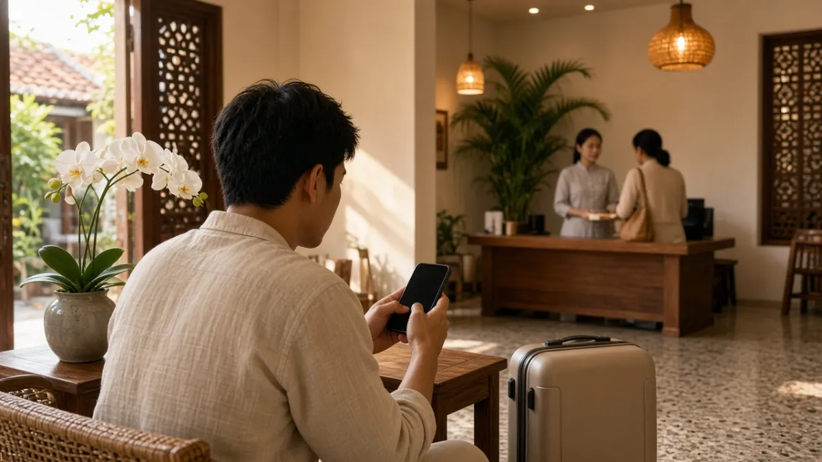 Khách ngồi trong sảnh khách sạn mới, cầm điện thoại sau khi nhận phòng, thể hiện khoảnh khắc có thể chia sẻ trải nghiệm.