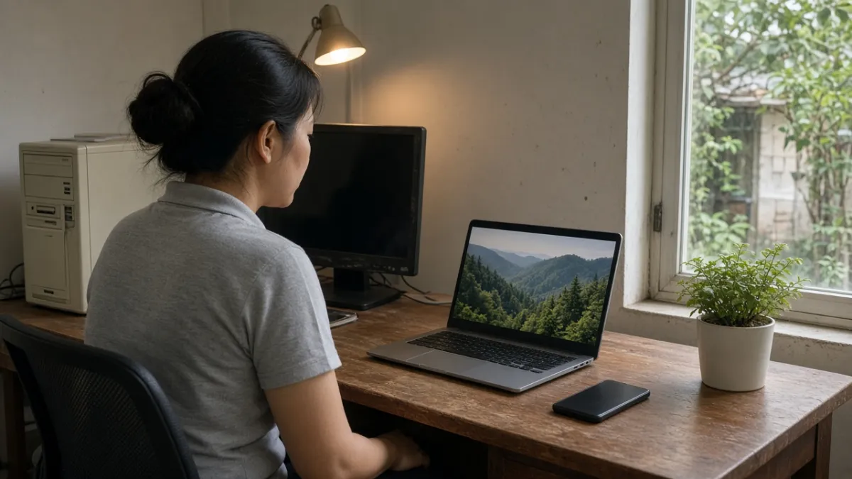 Nhân viên khách sạn làm việc tại bàn với máy tính cũ và laptop mới, chuẩn bị nâng cấp website.