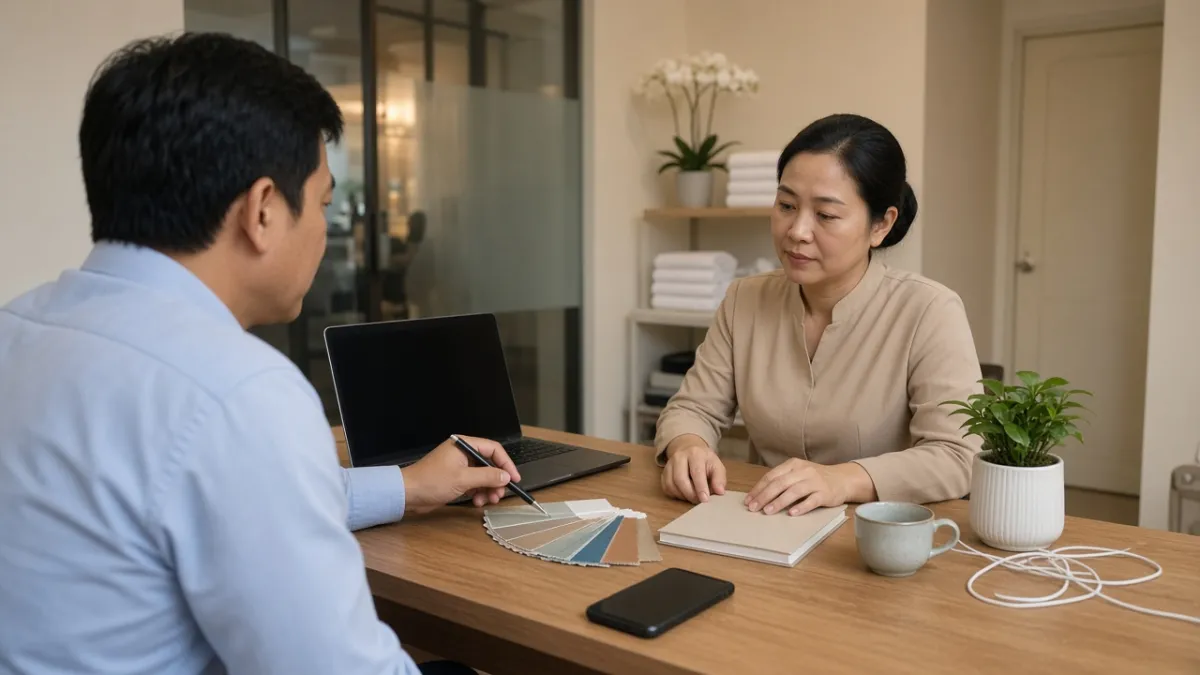 Chuyên viên tư vấn và quản lý khách sạn bàn bạc thiết kế giao diện website tại phòng làm việc sau quầy lễ tân.