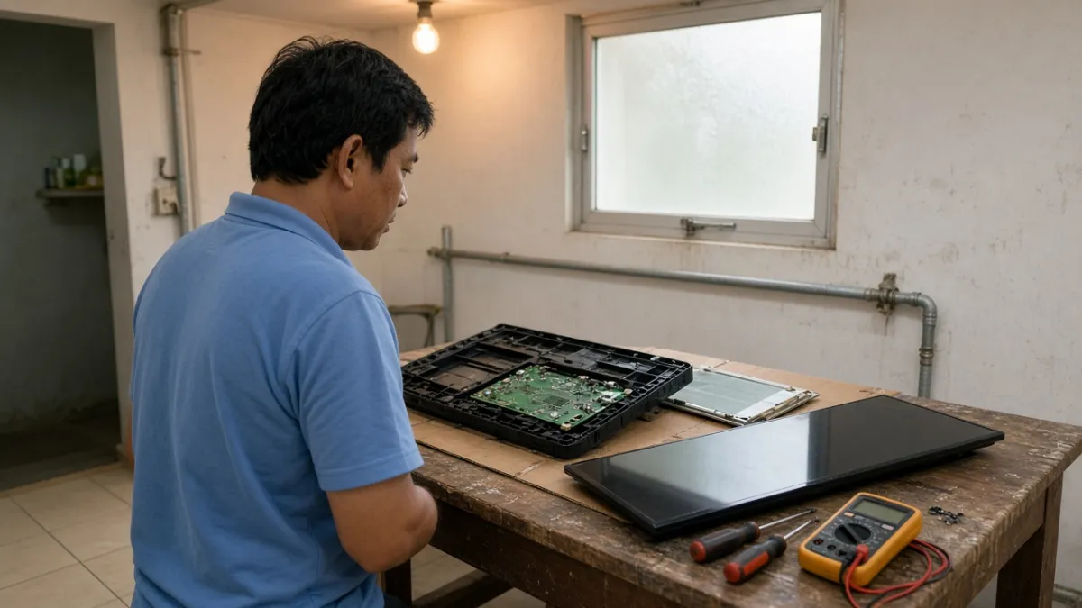 Nhân viên kỹ thuật khách sạn cân nhắc sửa tivi cũ với bo mạch và màn hình thay thế đặt cạnh máy đã tháo.