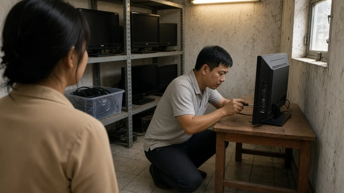 Kỹ thuật viên kiểm tra màn hình cũ trong kho khách sạn, chủ cơ sở theo dõi để được tư vấn sửa hay thanh lý.