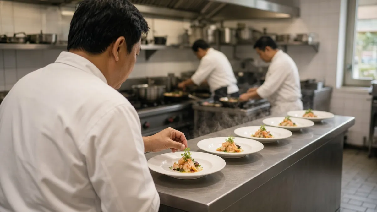 Bếp trưởng khách sạn hoàn thiện từng đĩa món trên quầy pass, kiểm tra chất lượng trước giờ phục vụ.