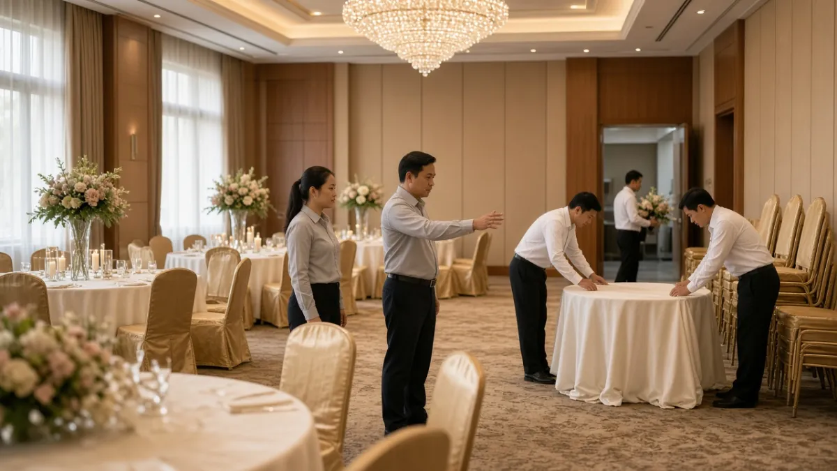 Quản lý tiệc điều phối nhân viên dựng bàn và kiểm tra bố cục tiệc trong sảnh khách sạn.