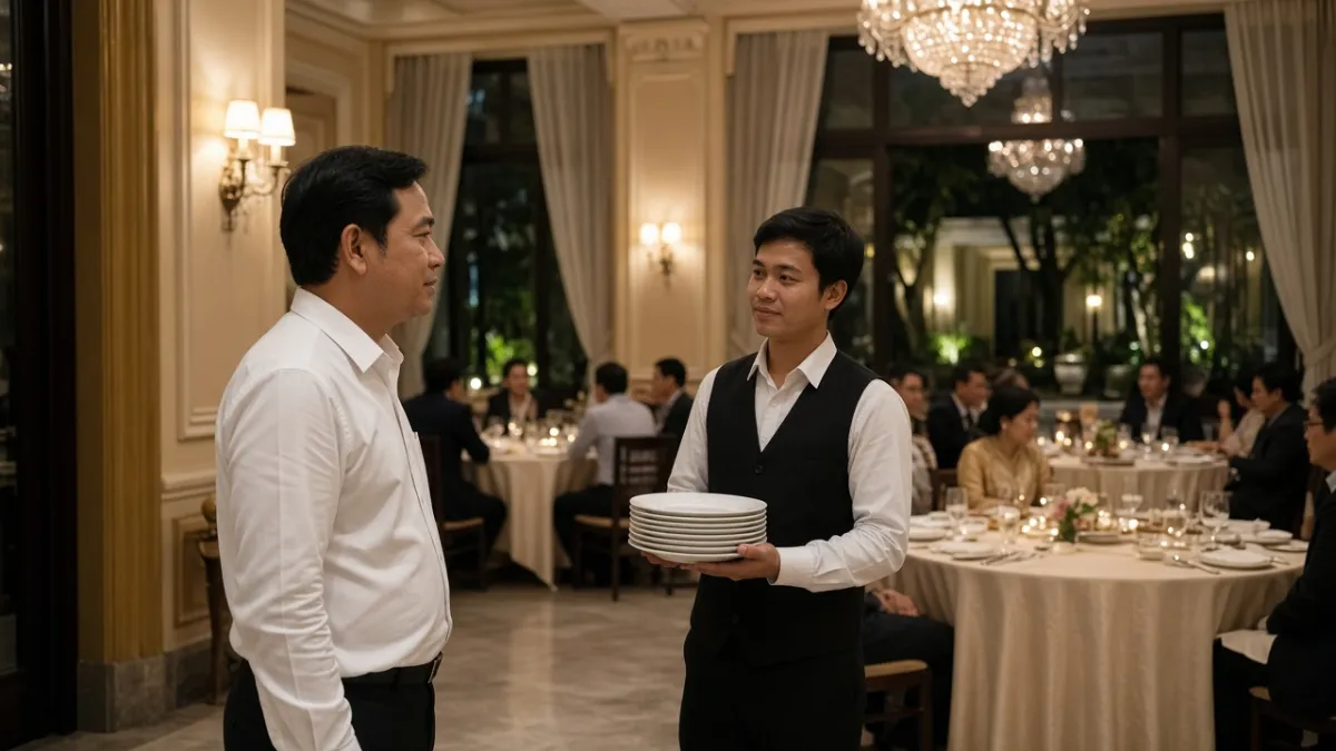 Quản lý tiệc gật đầu với nhân viên phục vụ trong sảnh tiệc, khách trò chuyện sau bữa tiệc thành công.