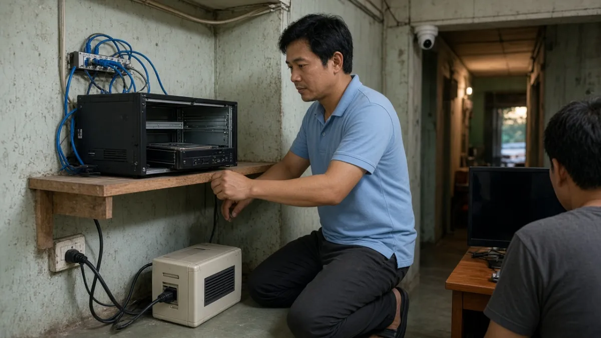 Nhân viên homestay kiểm tra ổ cứng trong đầu ghi camera, bộ lưu điện UPS và mạng kết nối thiết bị.