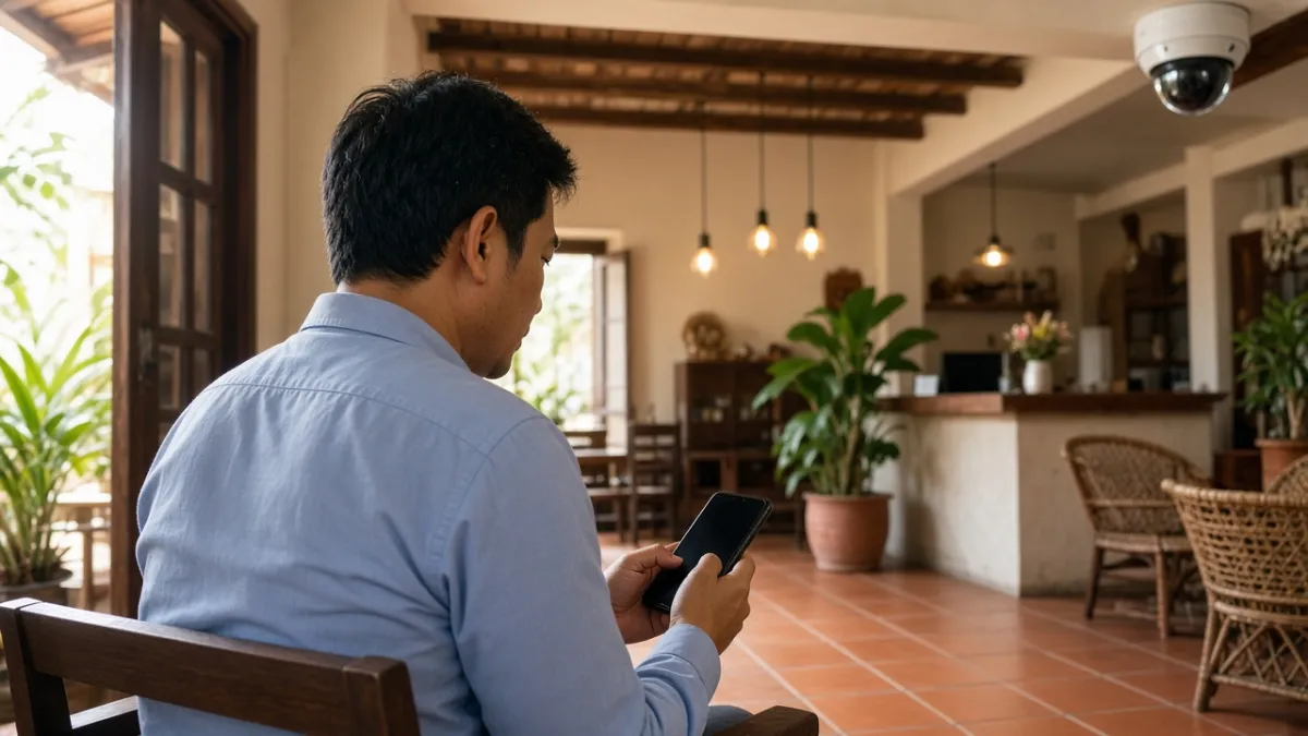 Sảnh homestay: camera IP trên trần, quản lý cầm điện thoại — minh họa xem giám sát từ xa.