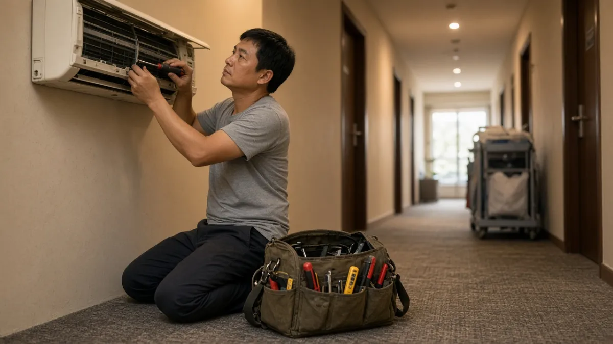 Nhân viên kỹ thuật khách sạn đang kiểm tra và sửa máy lạnh treo tường trong hành lang khách sạn.