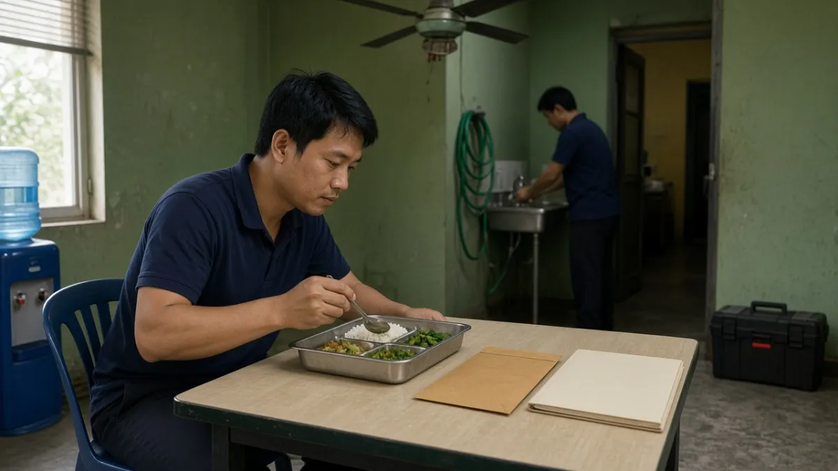 Kỹ thuật viên khách sạn ăn ca tại phòng nghỉ nhân viên, bên cạnh có phong bì chứng chỉ nghề.