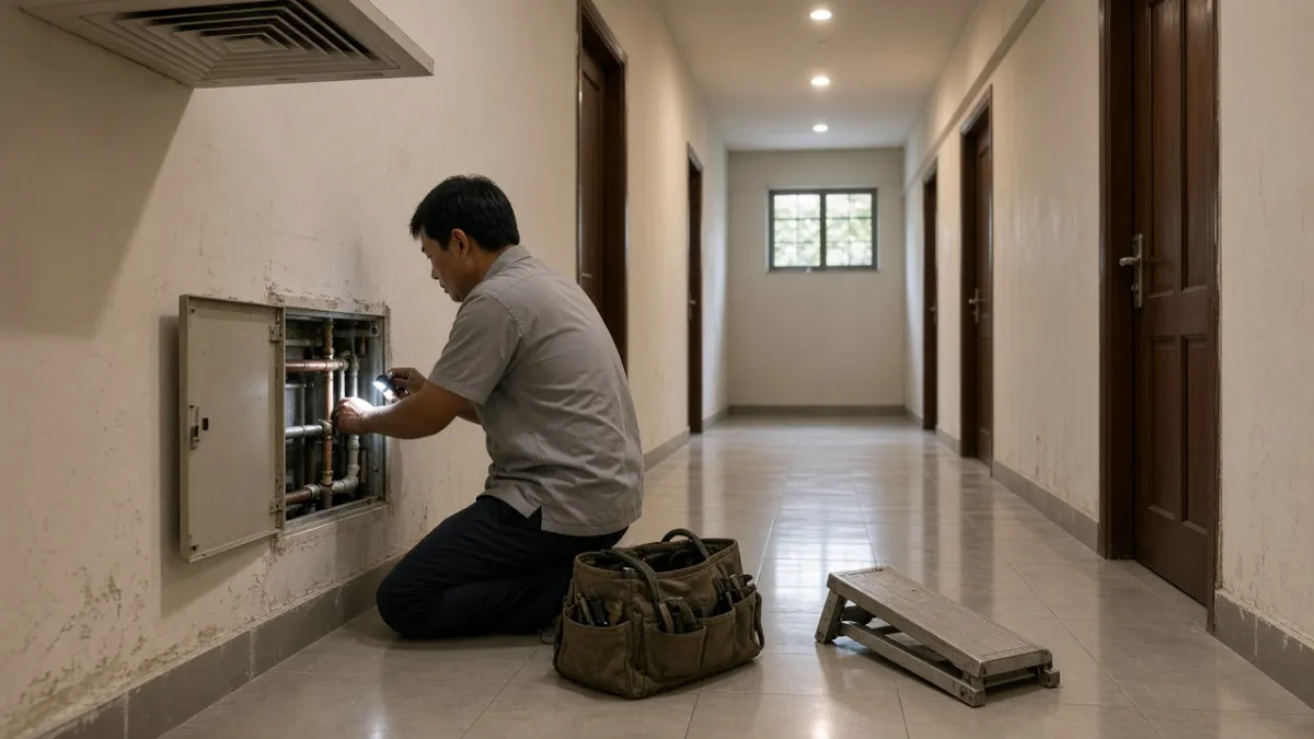 Kỹ thuật viên kiểm tra đường ống trong hành lang khách sạn, âm thầm duy trì tiện nghi cho khách lưu trú.
