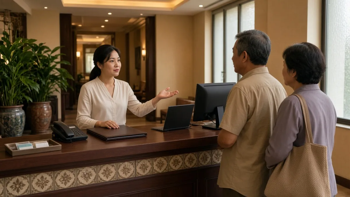Nhân viên lễ tân đón tiếp khách tại quầy, thể hiện vai trò tuyến đầu tạo ấn tượng và kết nối dịch vụ.