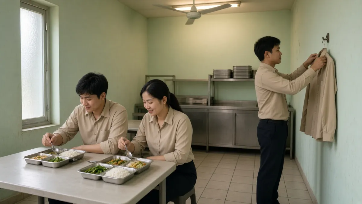 Nhân viên lễ tân trong đồng phục đang ăn ca tại phòng ăn nội bộ khách sạn, minh họa phúc lợi ăn uống.