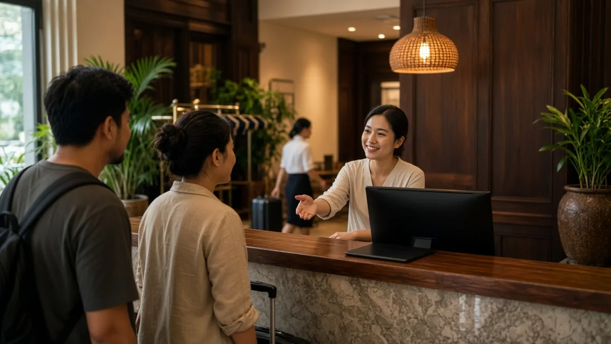 Nhân viên lễ tân chào đón khách tại quầy trong sảnh khách sạn, thể hiện phong cách phục vụ chuyên nghiệp.
