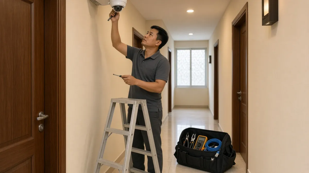 Kỹ thuật viên kiểm tra và bảo trì camera gắn trần trong hành lang khách sạn, có thang và dụng cụ sửa chữa.